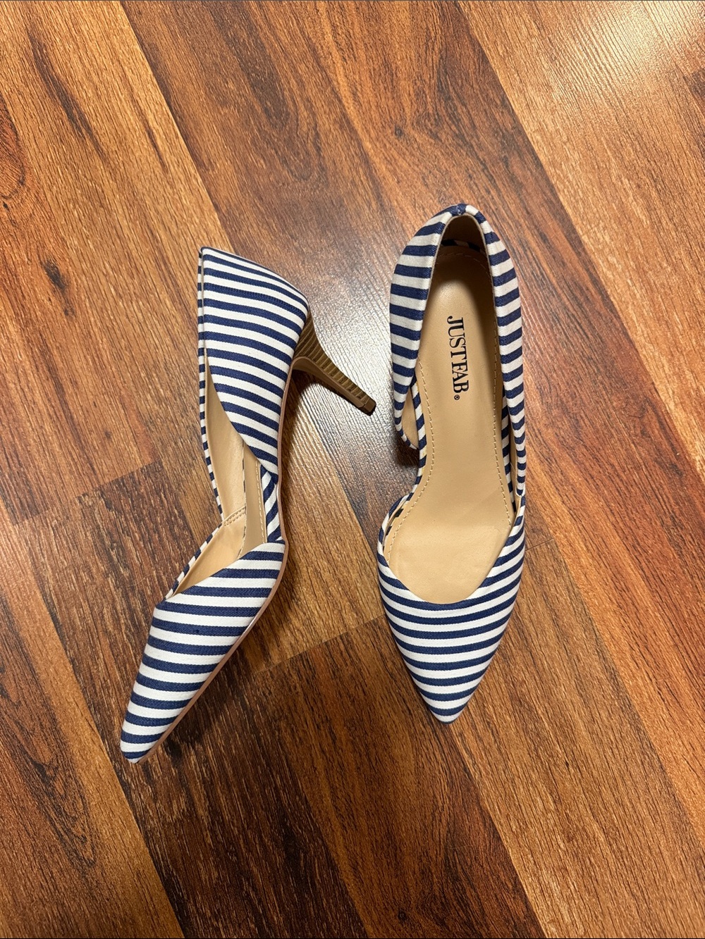 JustFab Navy and White Striped Pointed Pumps
